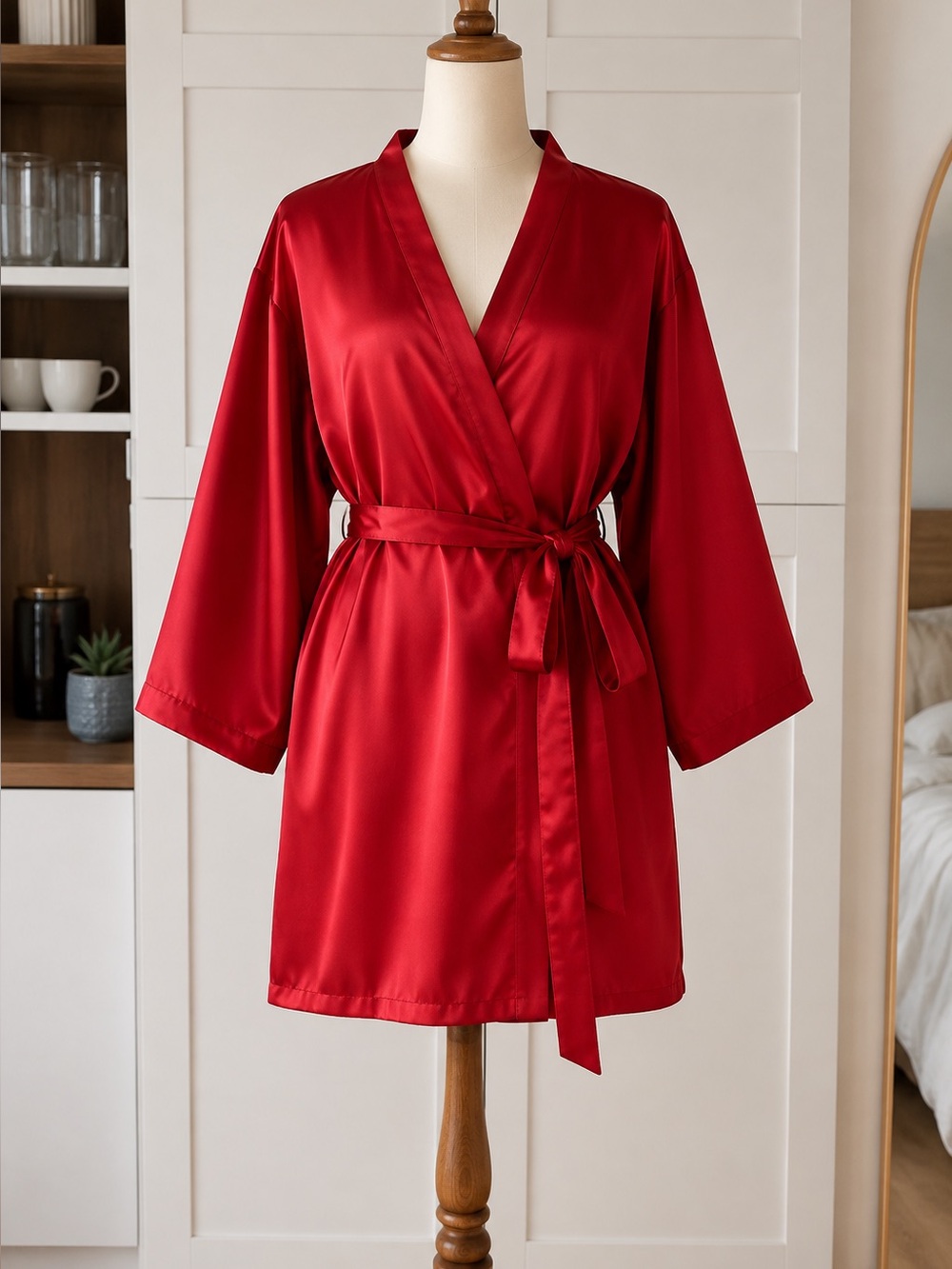 Red Satin Kimono Robe with Self Tie Belt - Women's Intimates